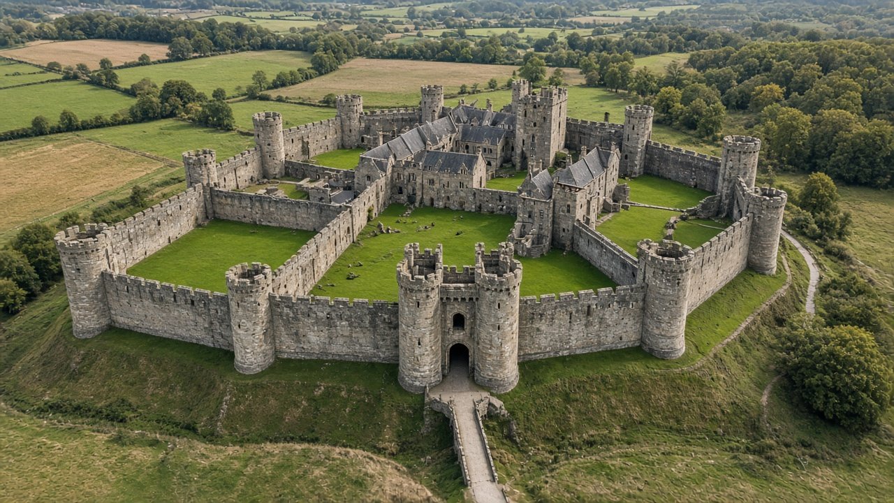 Aerial view of a large medieval castle showing its curtain walls, towers and grassy wards