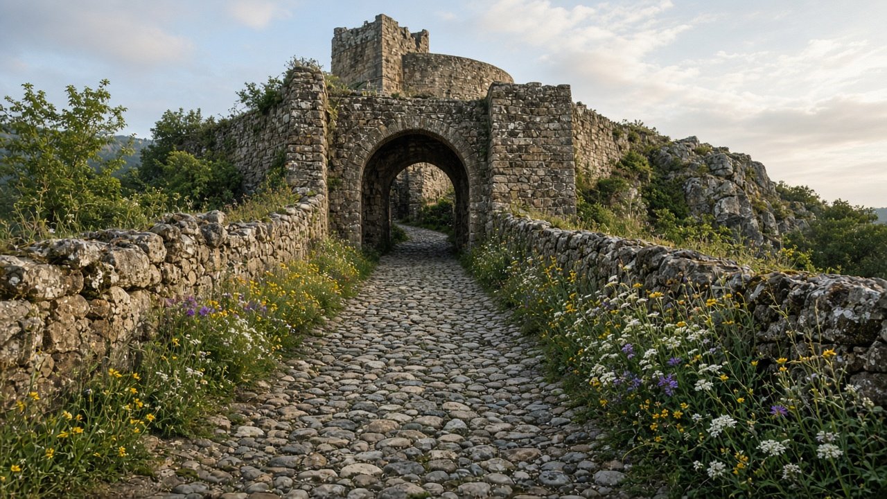 A cobbled path leading up to an ancient castle gateway