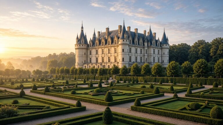 A French Renaissance chateau with turrets and formal gardens at sunrise
