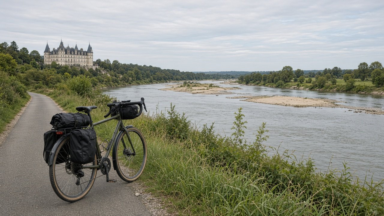 A bicycle on a riverside cycle path with a chateau in the distance