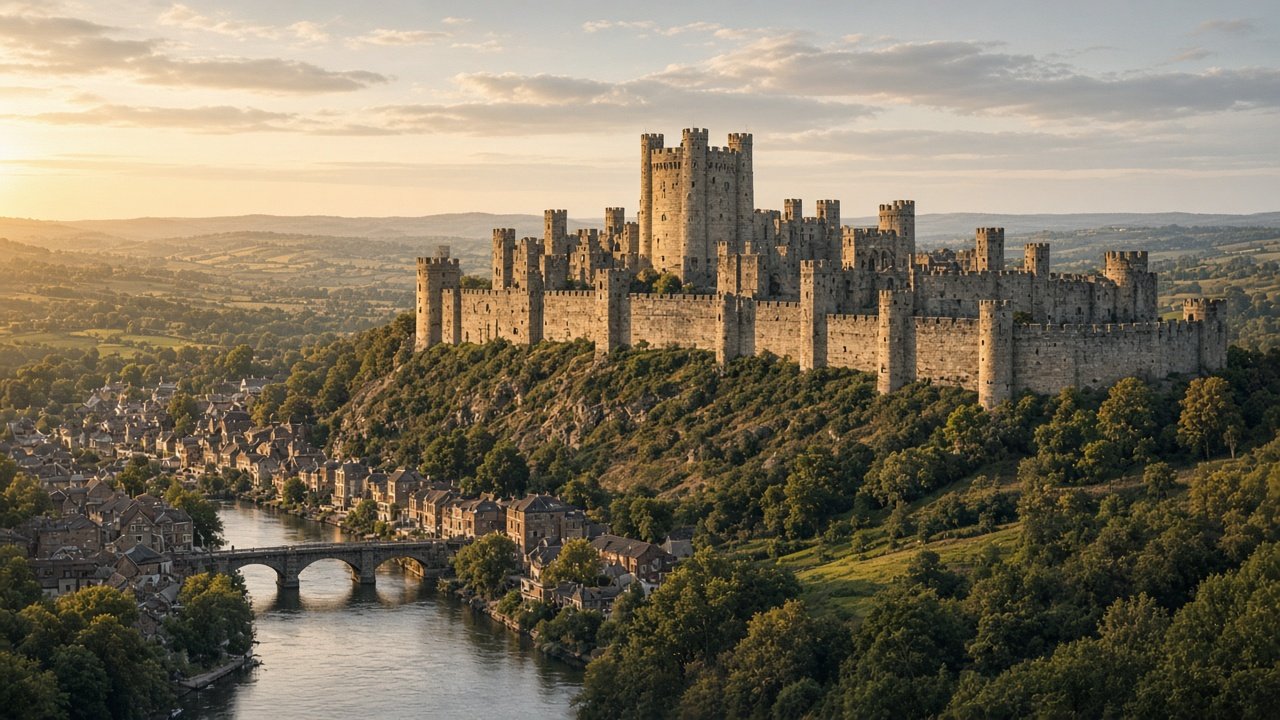 A vast stone castle with round towers and long curtain walls on a hill in the English countryside