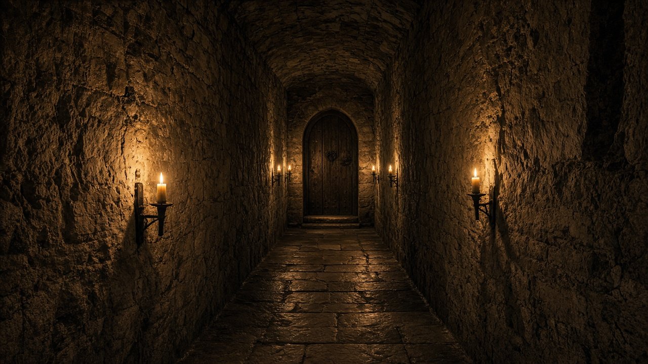 A long candlelit stone corridor inside an old Irish castle