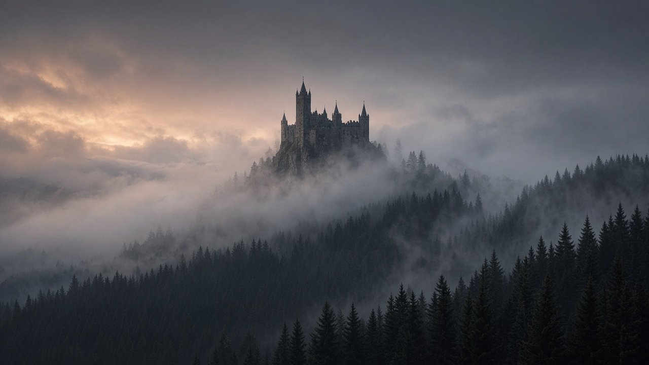 The silhouette of a castle in fog above dark Carpathian forests