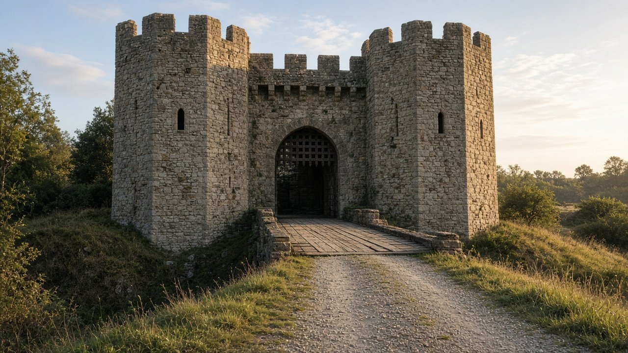 A stone castle gatehouse entrance with a wooden drawbridge over a dry moat
