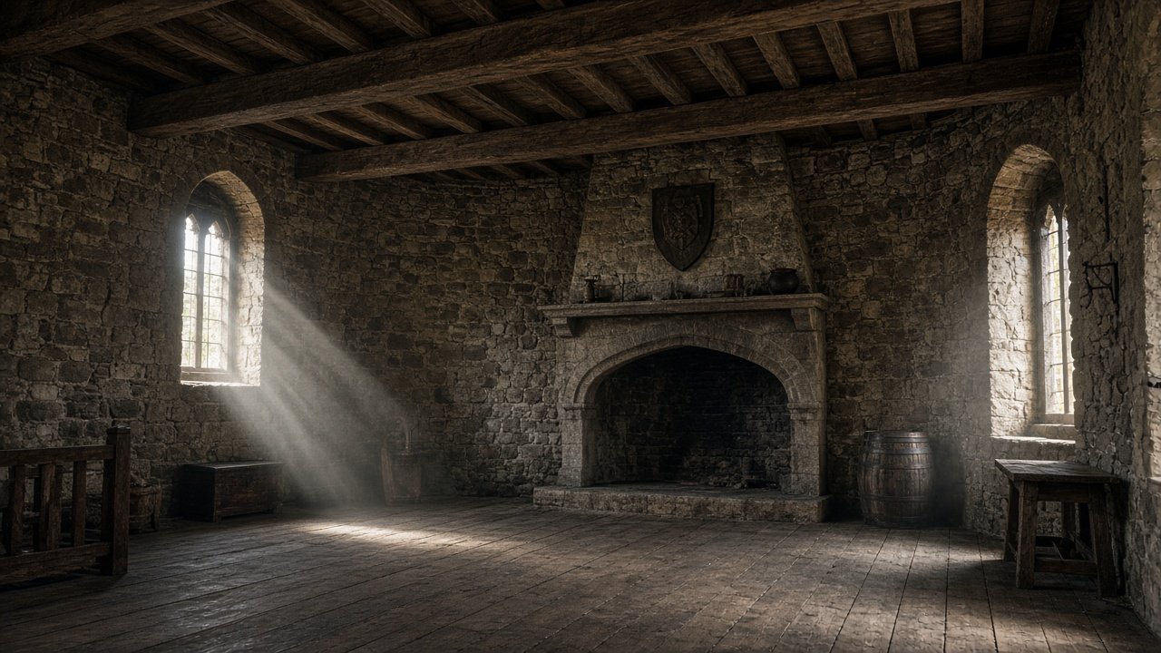 Interior of an old stone castle keep with timber floor beams and a fireplace