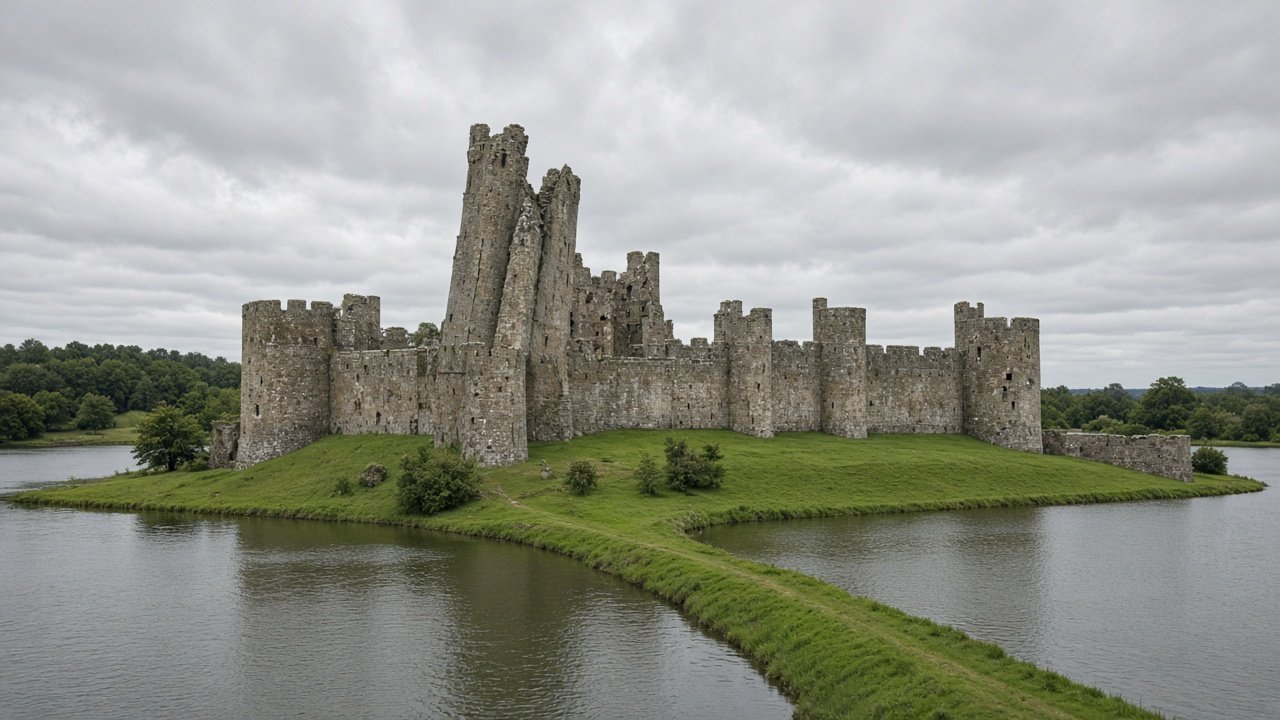 A large castle surrounded by broad lakes and water defences under a grey sky