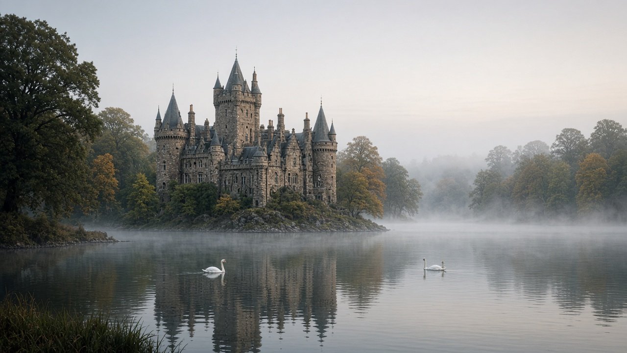 A castle built on islands in a lake surrounded by parkland