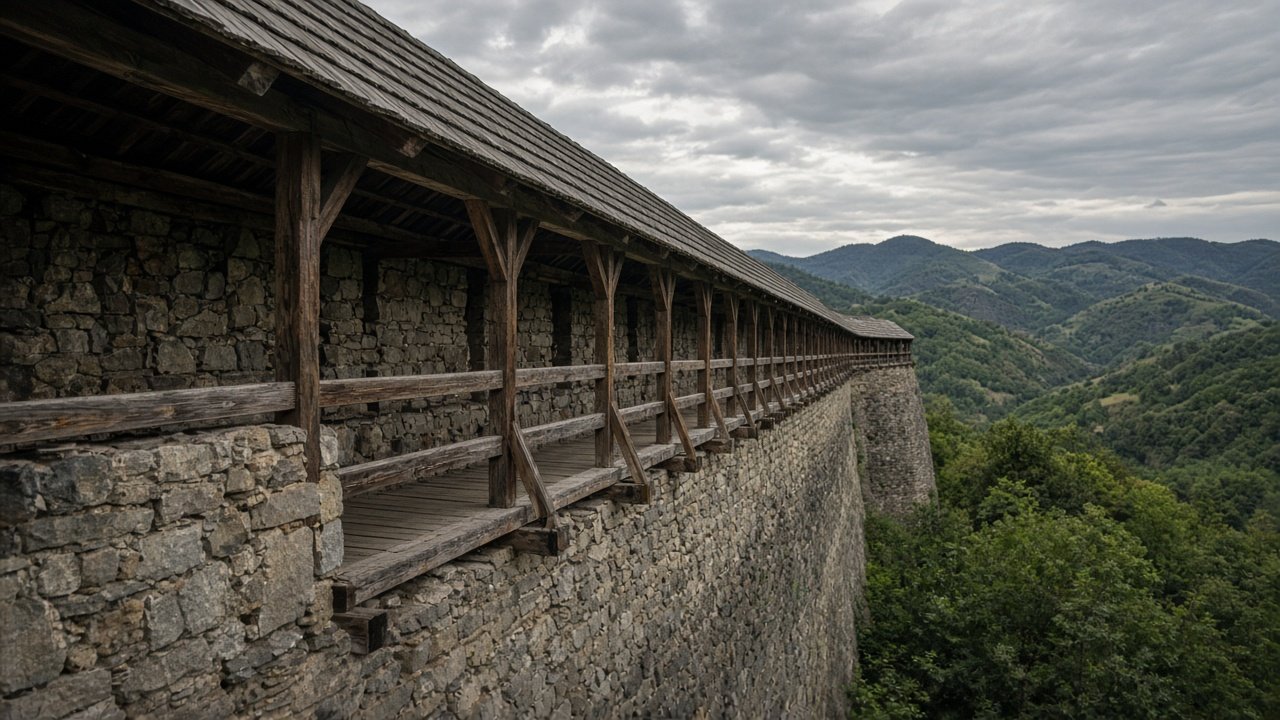 A covered wooden gallery along the walls of a Romanian fortress