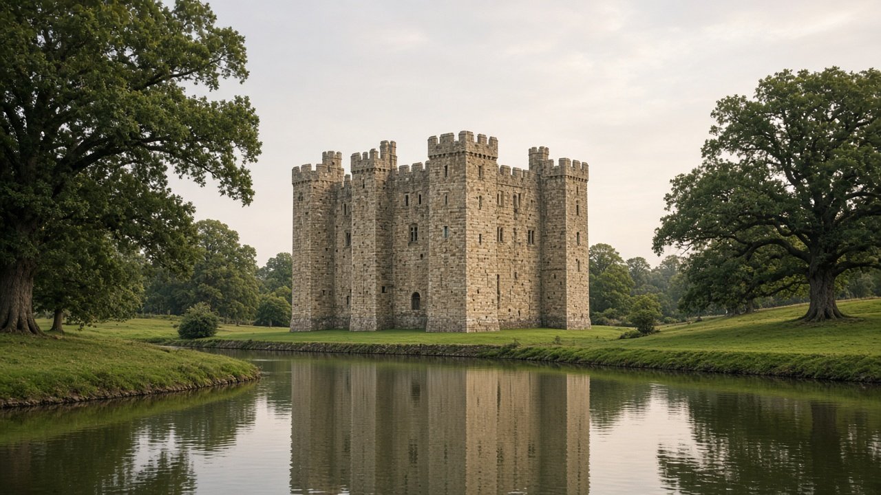 A square Norman stone keep with a wide moat and green lawns in the English countryside