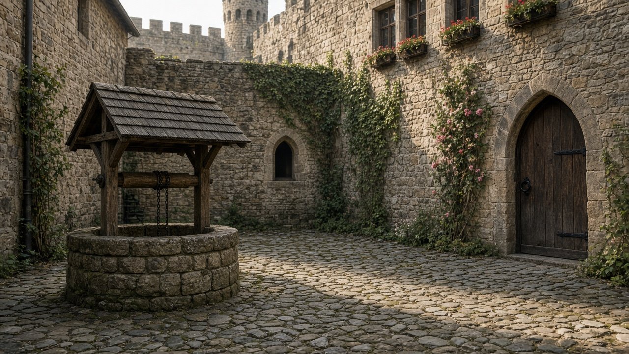 A quiet cobbled castle courtyard with a stone well and a wooden door in morning light