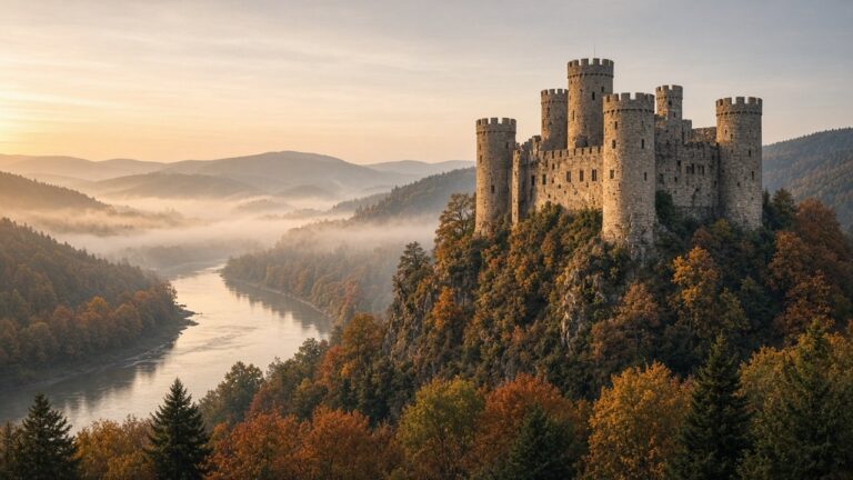 A medieval stone castle with round towers on a forested hilltop above a misty European river valley at sunrise