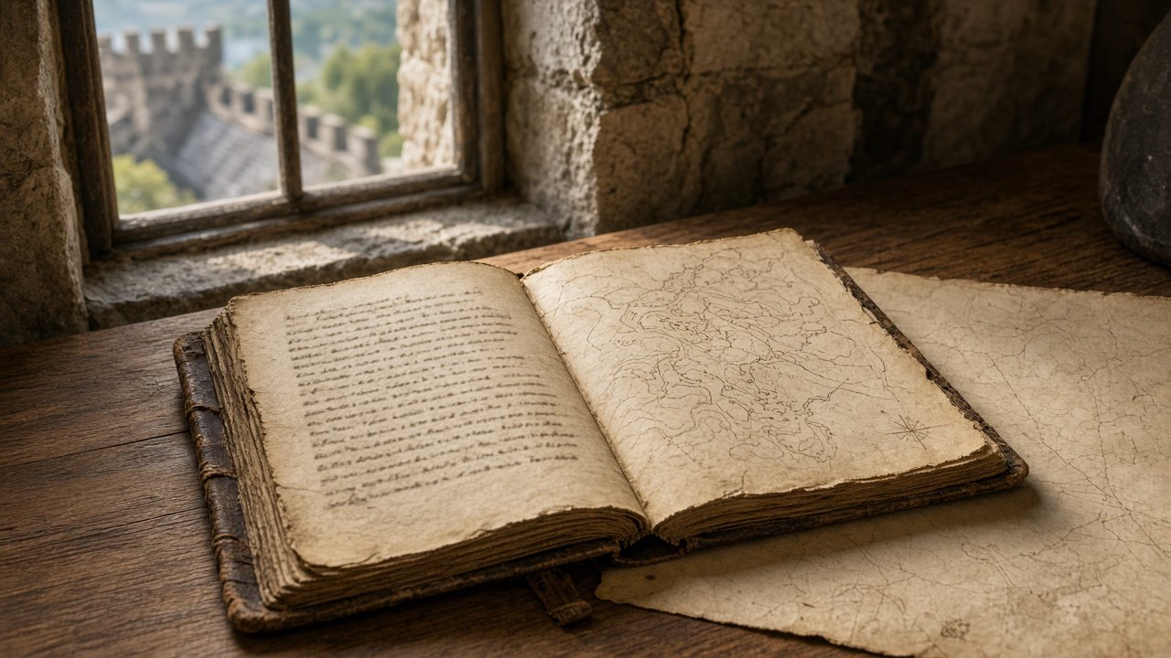 An old leather-bound travel journal and a blank paper map on a wooden table beside a castle window