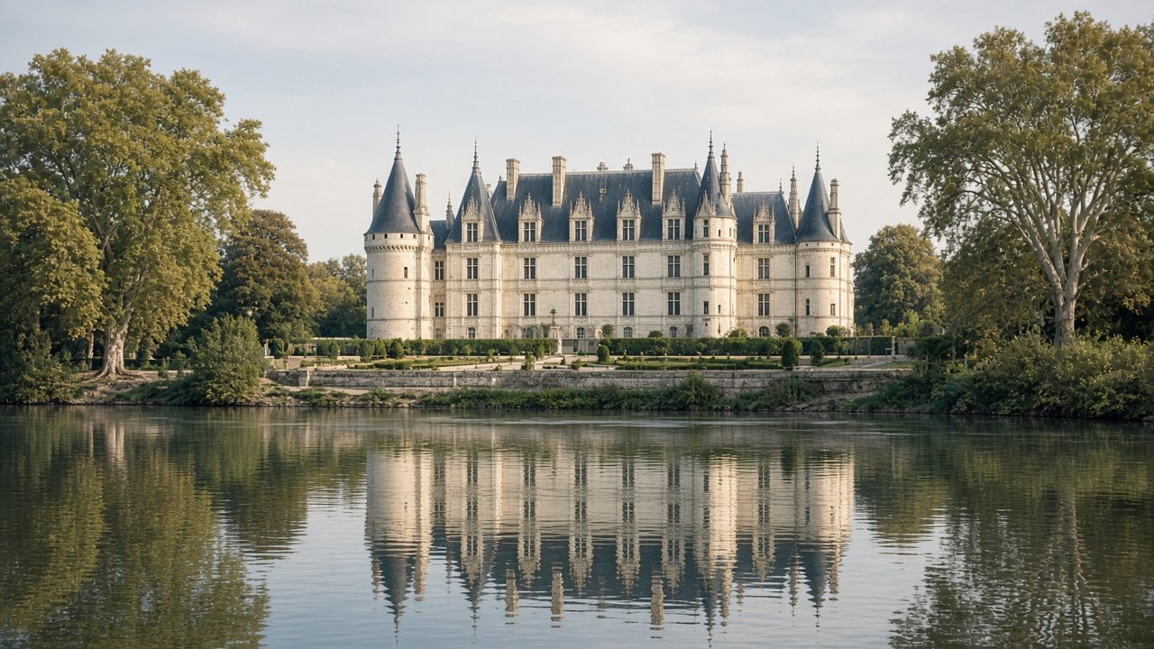 A white Renaissance chateau with slate roofs and turrets reflected in a calm river