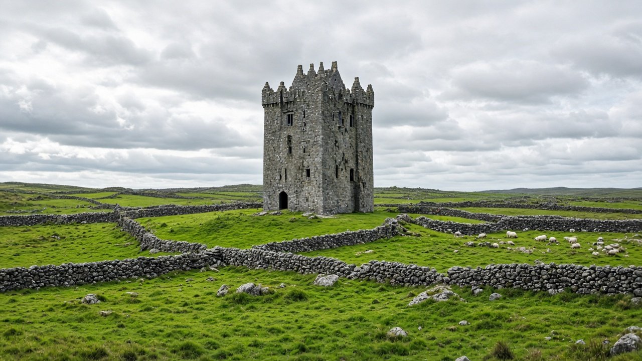 A tall grey Irish tower house castle standing alone among green fields and stone walls