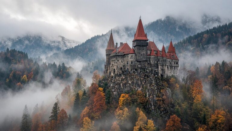 A Gothic castle with towers and red roofs on a rock above Transylvanian forests