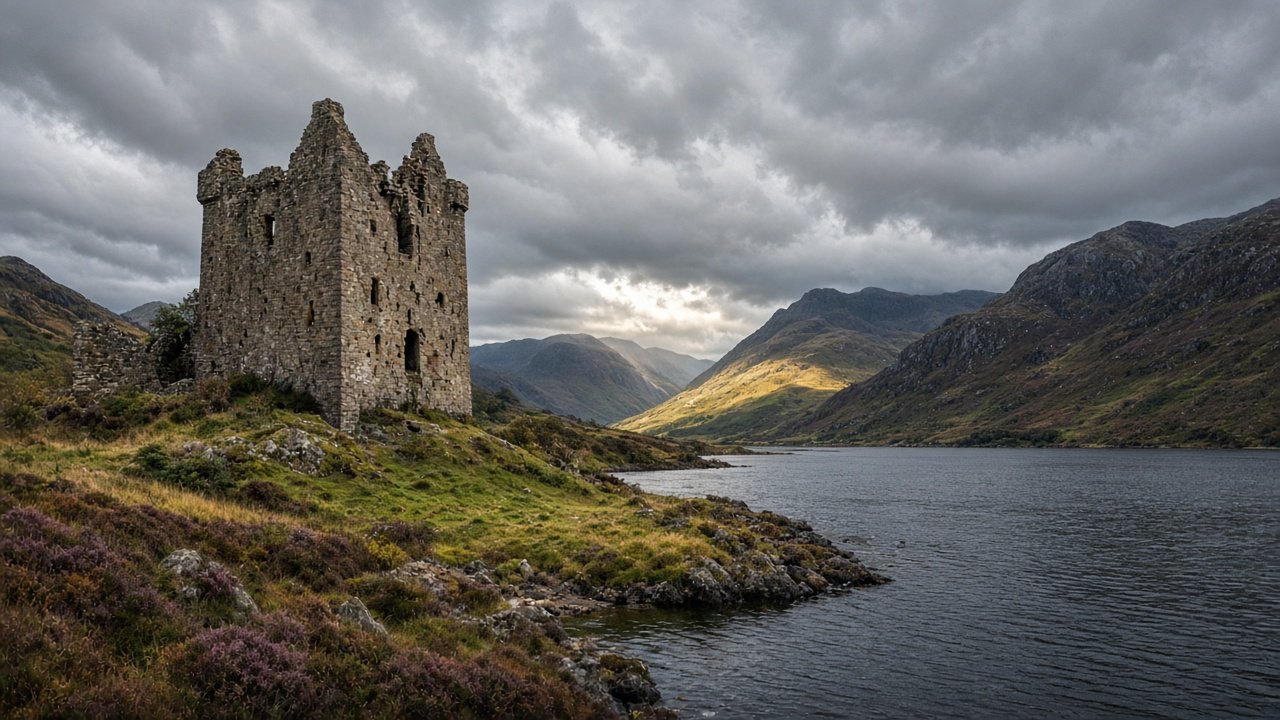 A ruined stone tower house on a grassy headland above a Scottish Highland loch under moody clouds