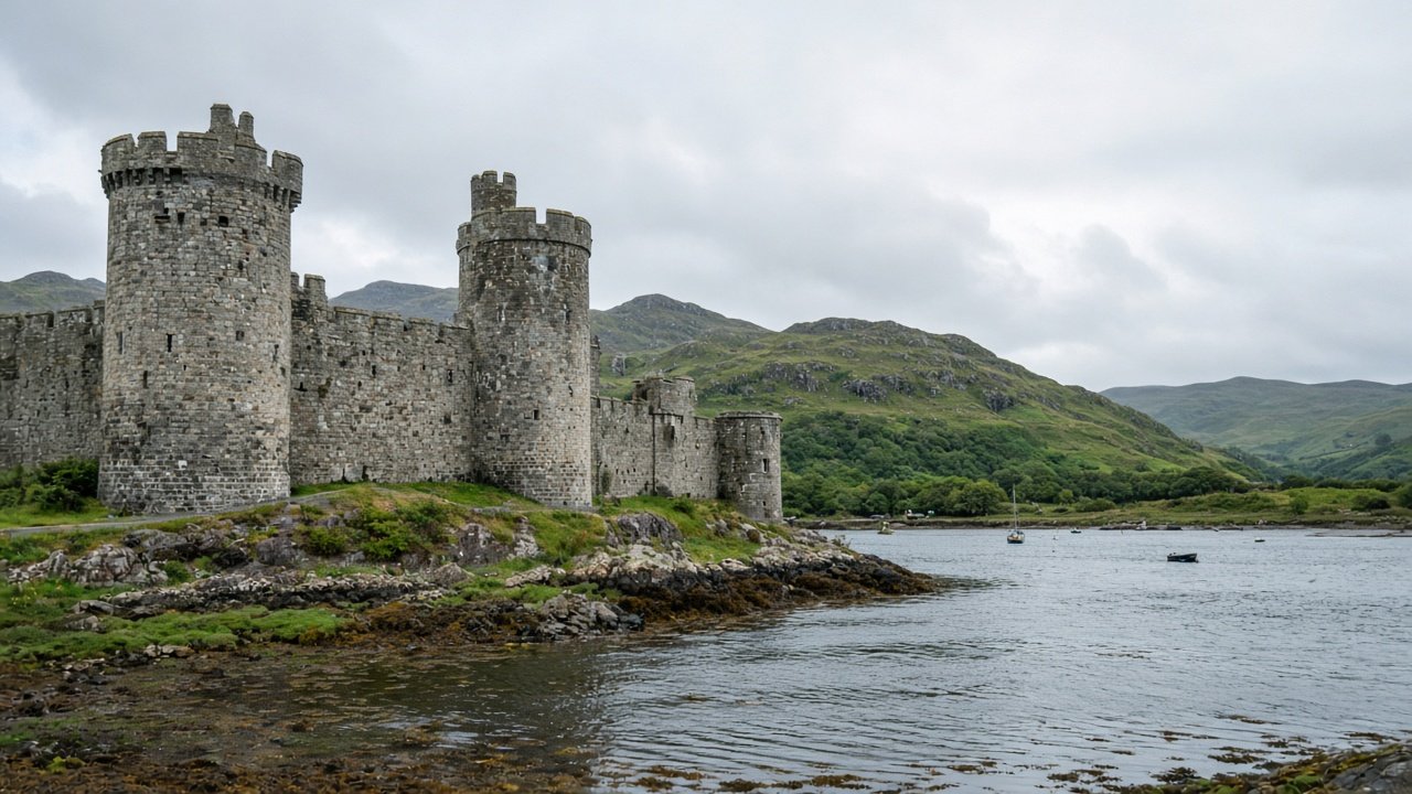 A grey stone concentric castle with round towers beside a tidal estuary under a pale sky