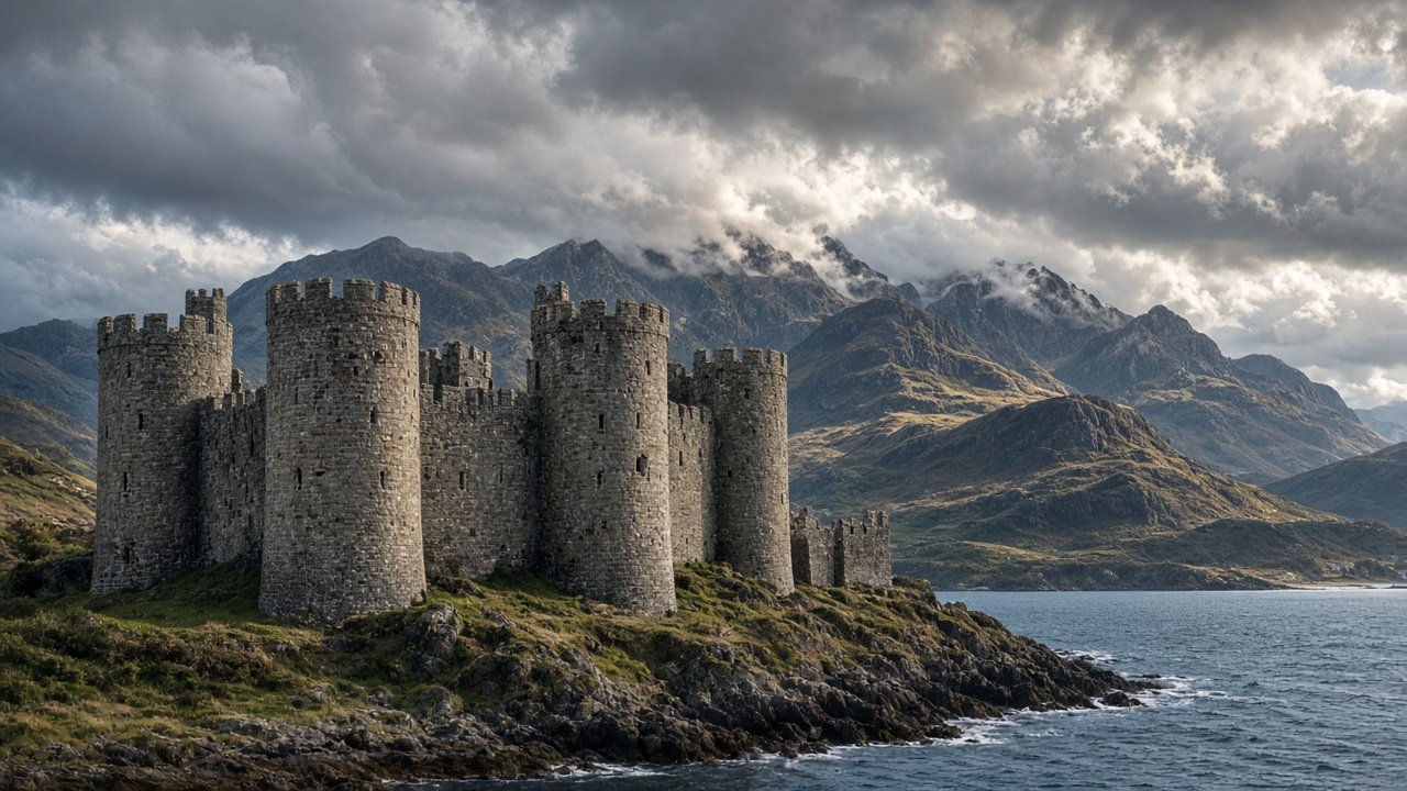 A medieval castle with round towers beside the sea with Welsh mountains behind
