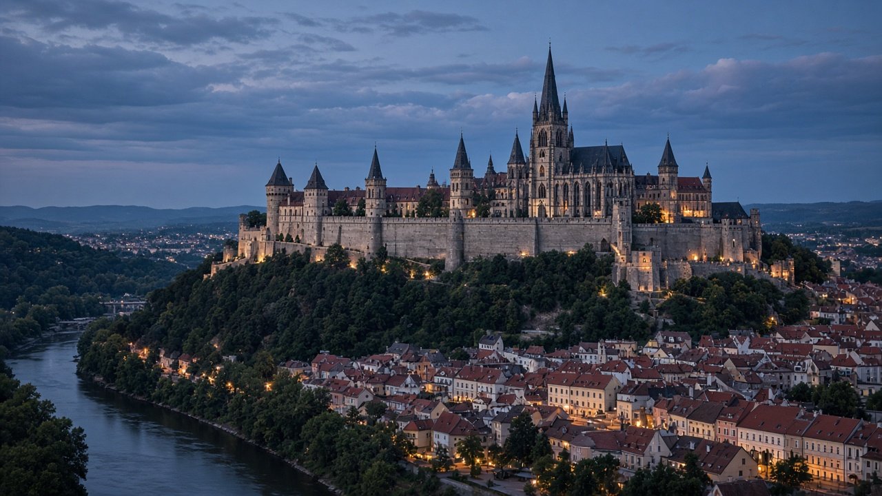 A large hilltop castle complex with a Gothic cathedral spire above red-roofed old town houses at dusk