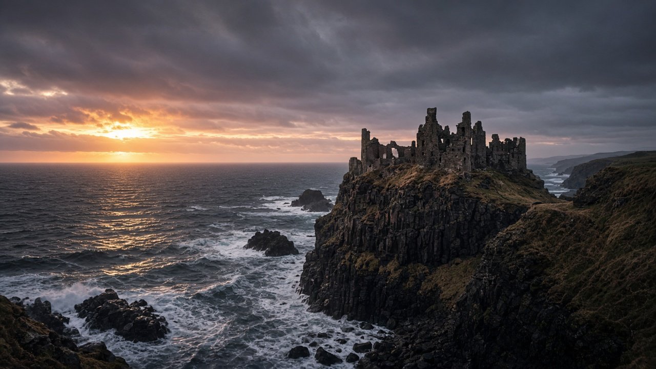 A ruined castle on the edge of sea cliffs above the Atlantic at sunset