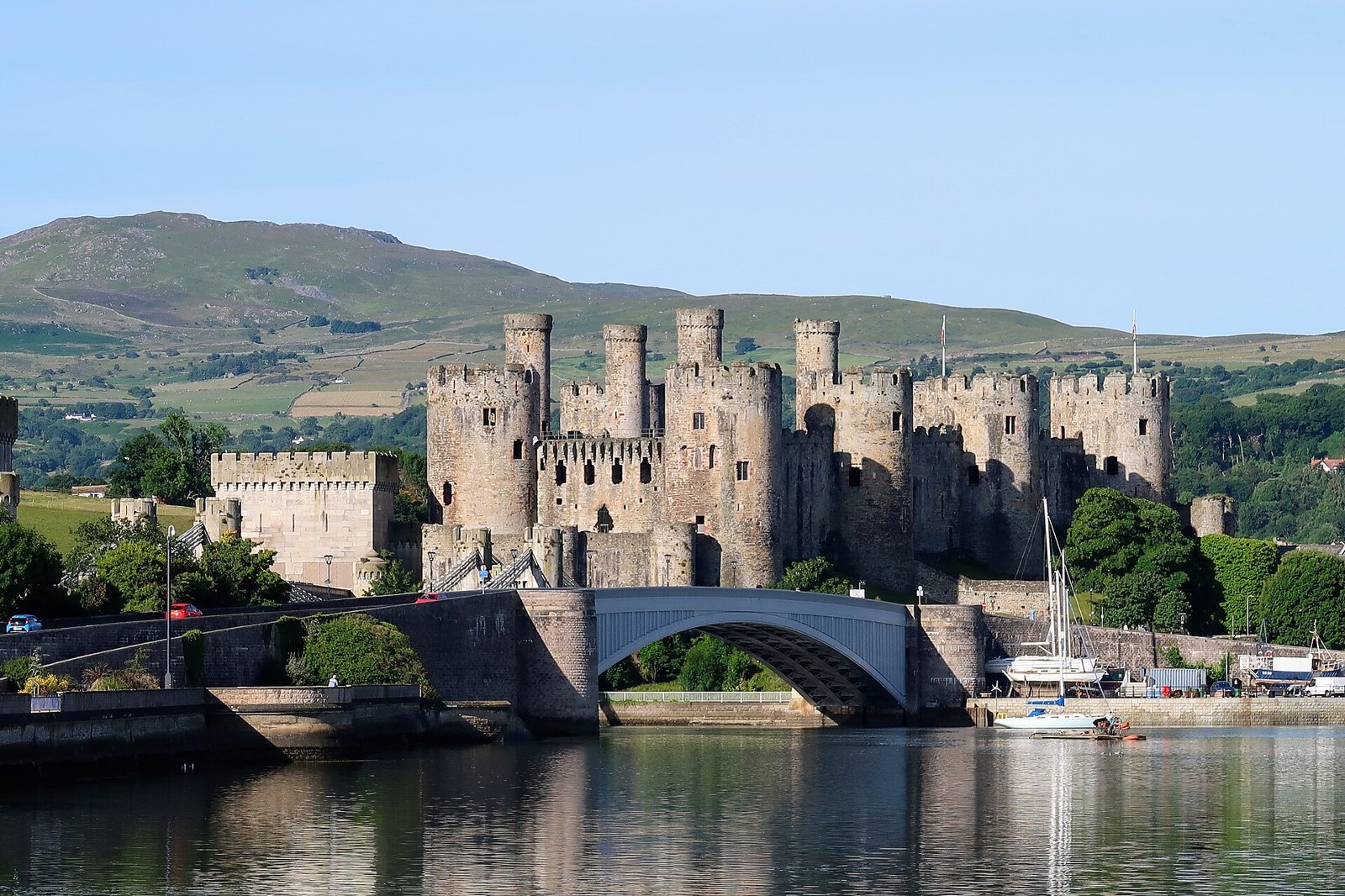 Conwy Castle's eight round towers beside the estuary