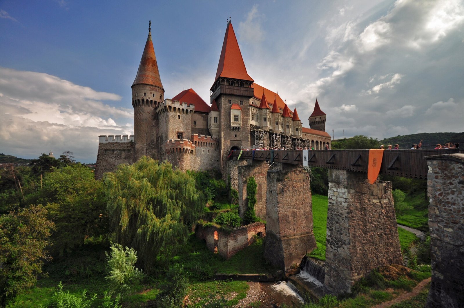 Corvin Castle's Gothic towers and wooden bridge in Hunedoara