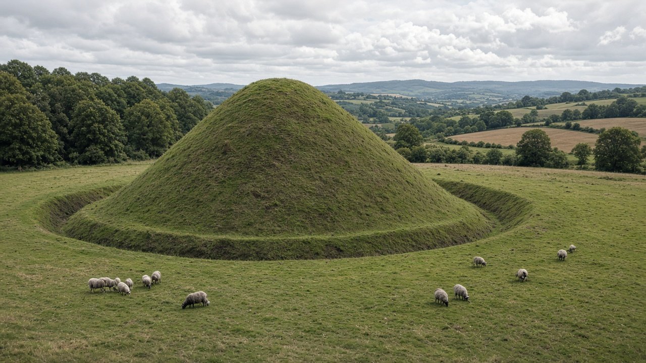 The grassy remains of an early medieval earthwork castle mound and ditch