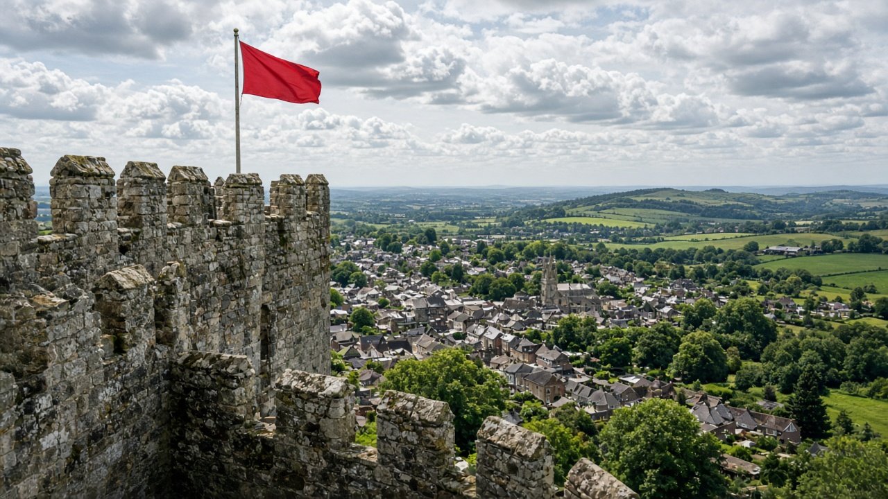 View along stone battlements of an English castle towards a town and countryside