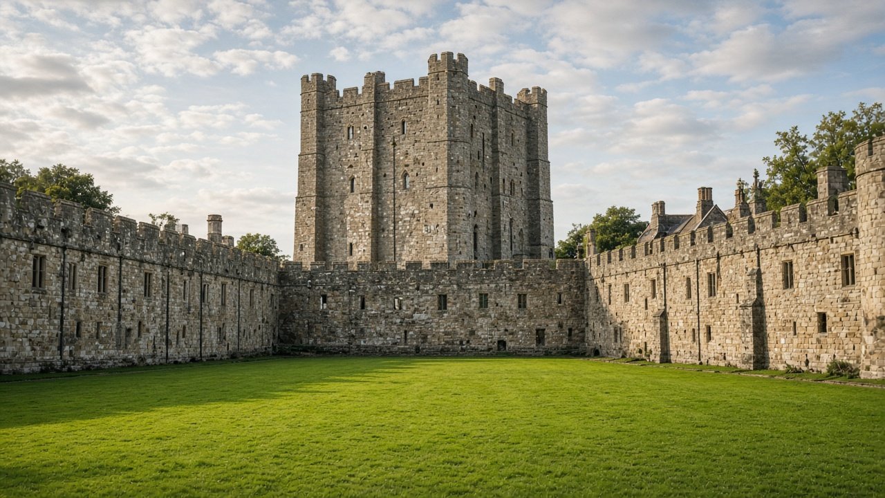 A green lawn inside a castle courtyard with a stone keep and walls around it