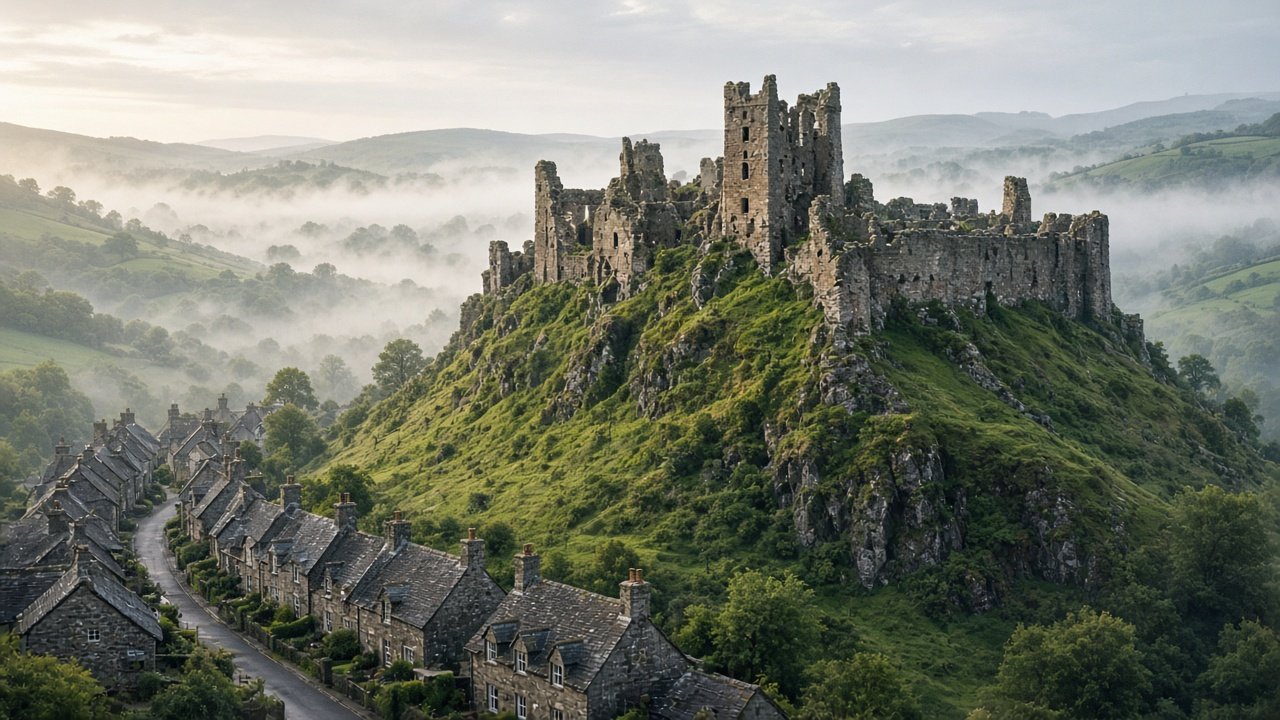 A ruined stone castle on a steep green hill above a village of grey stone cottages in southern England