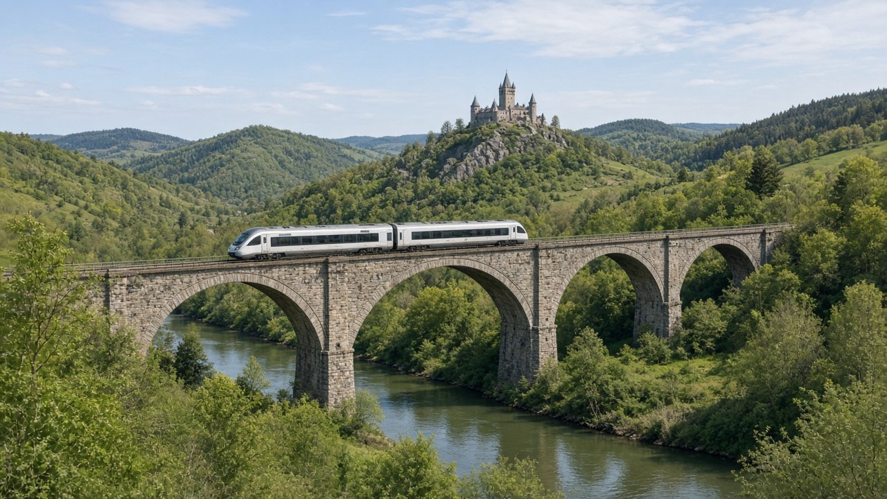 A passenger train crossing green countryside with a distant hilltop castle on the horizon