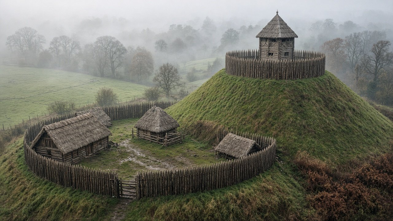 A grassy motte mound topped by a timber palisade and tower above a fenced bailey courtyard