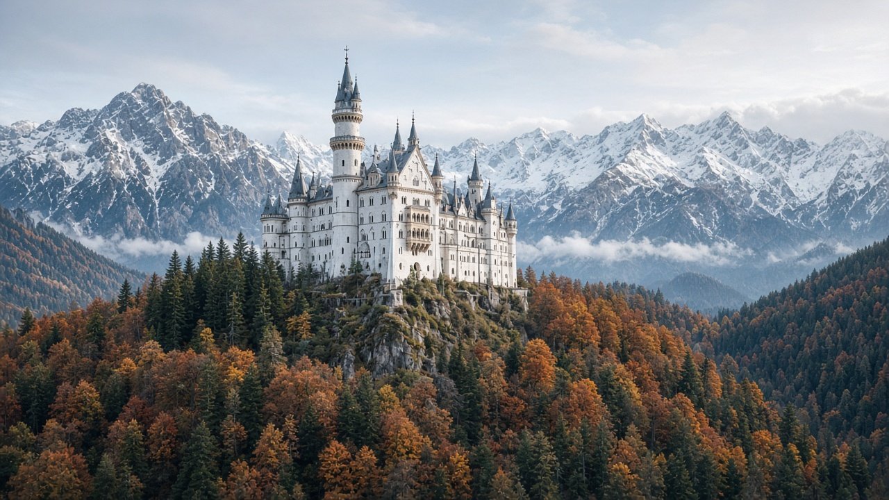A white fairy-tale palace with slender turrets on an alpine ridge