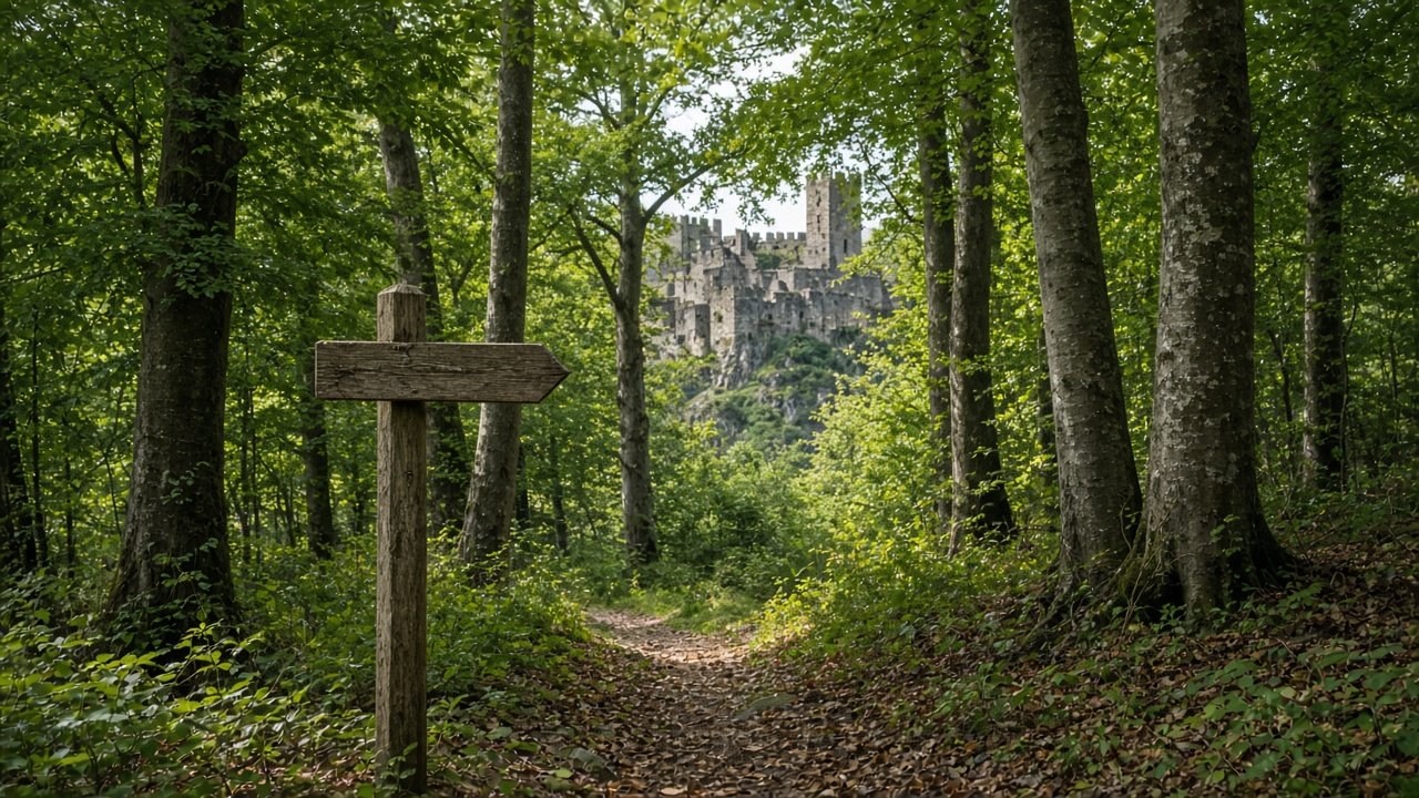 A forest footpath leading towards a castle visible through the trees
