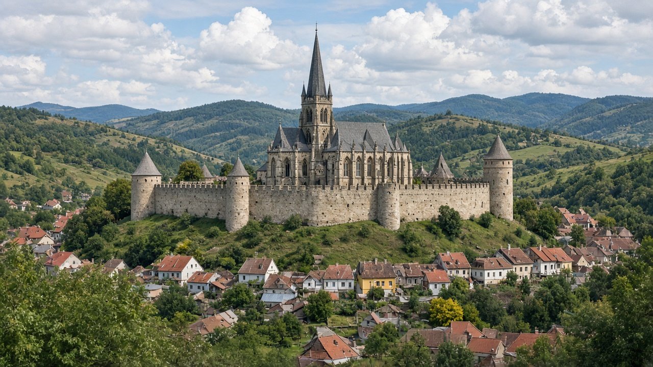 A fortified church surrounded by thick defensive walls in a Transylvanian village