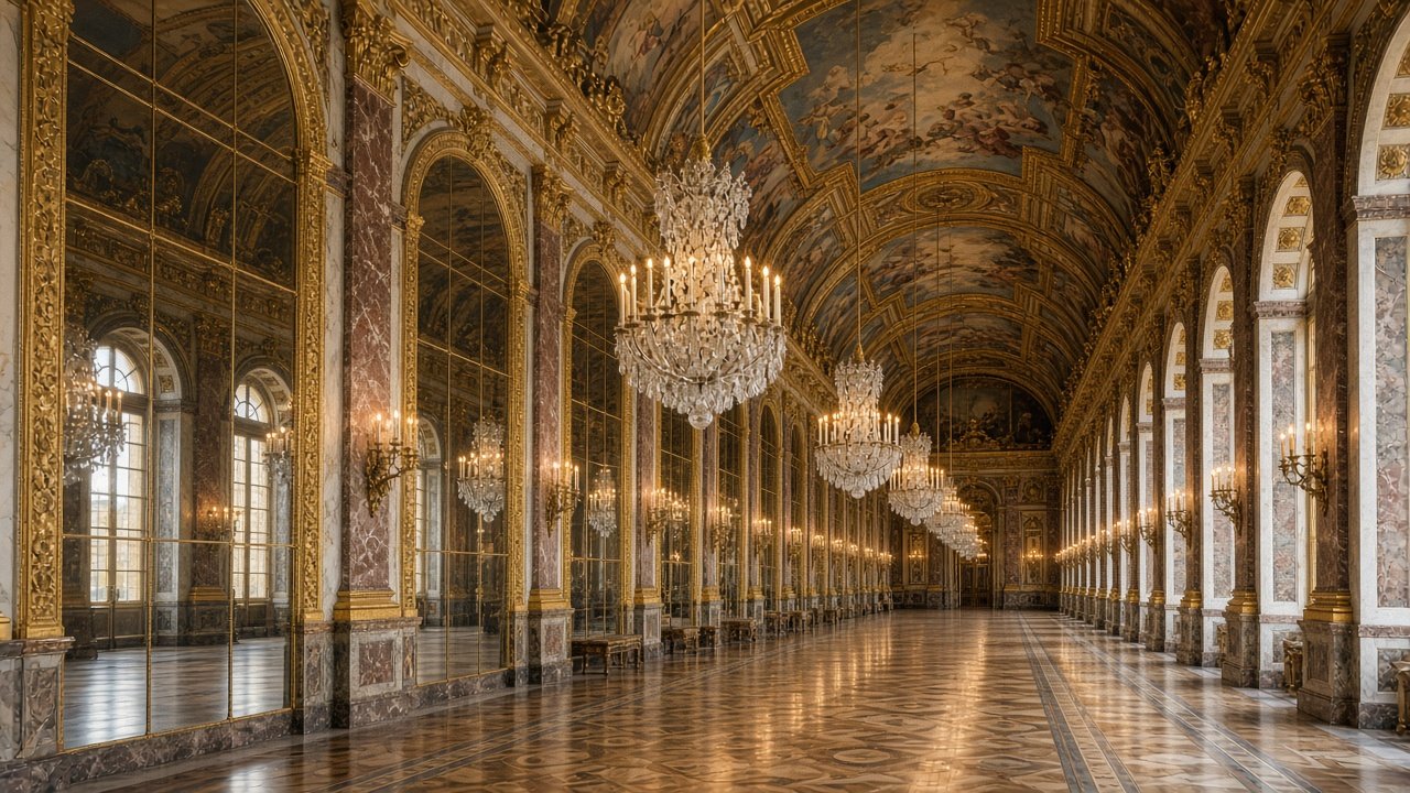 An ornate gilded palace gallery with mirrors and chandeliers