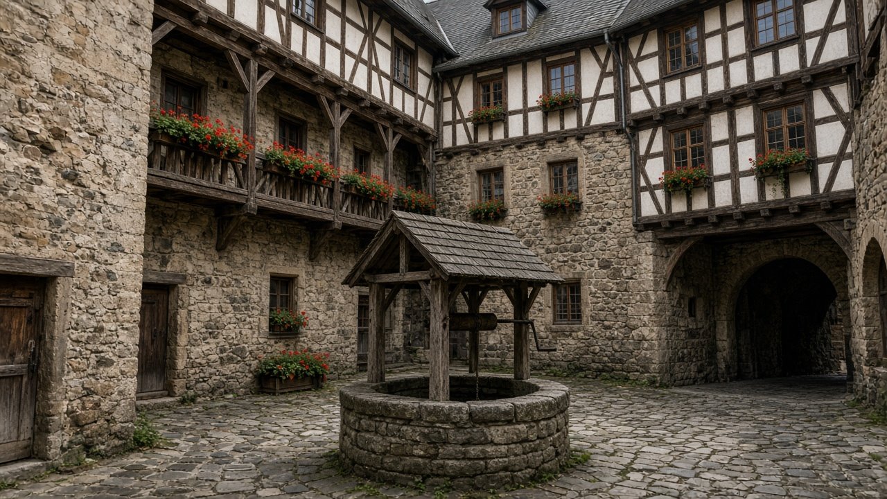 A castle courtyard with half-timbered walls and a stone well in Germany