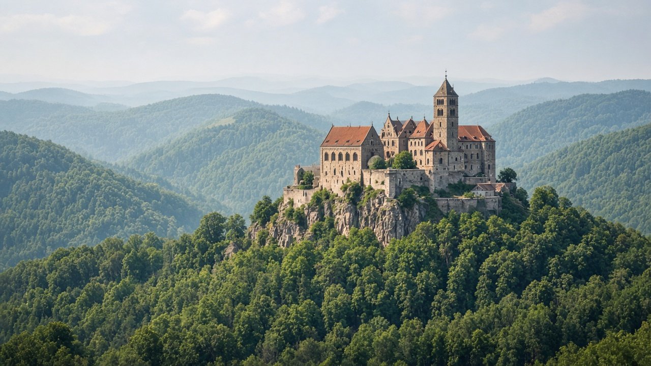 A castle on a forested ridge above rolling German woodland