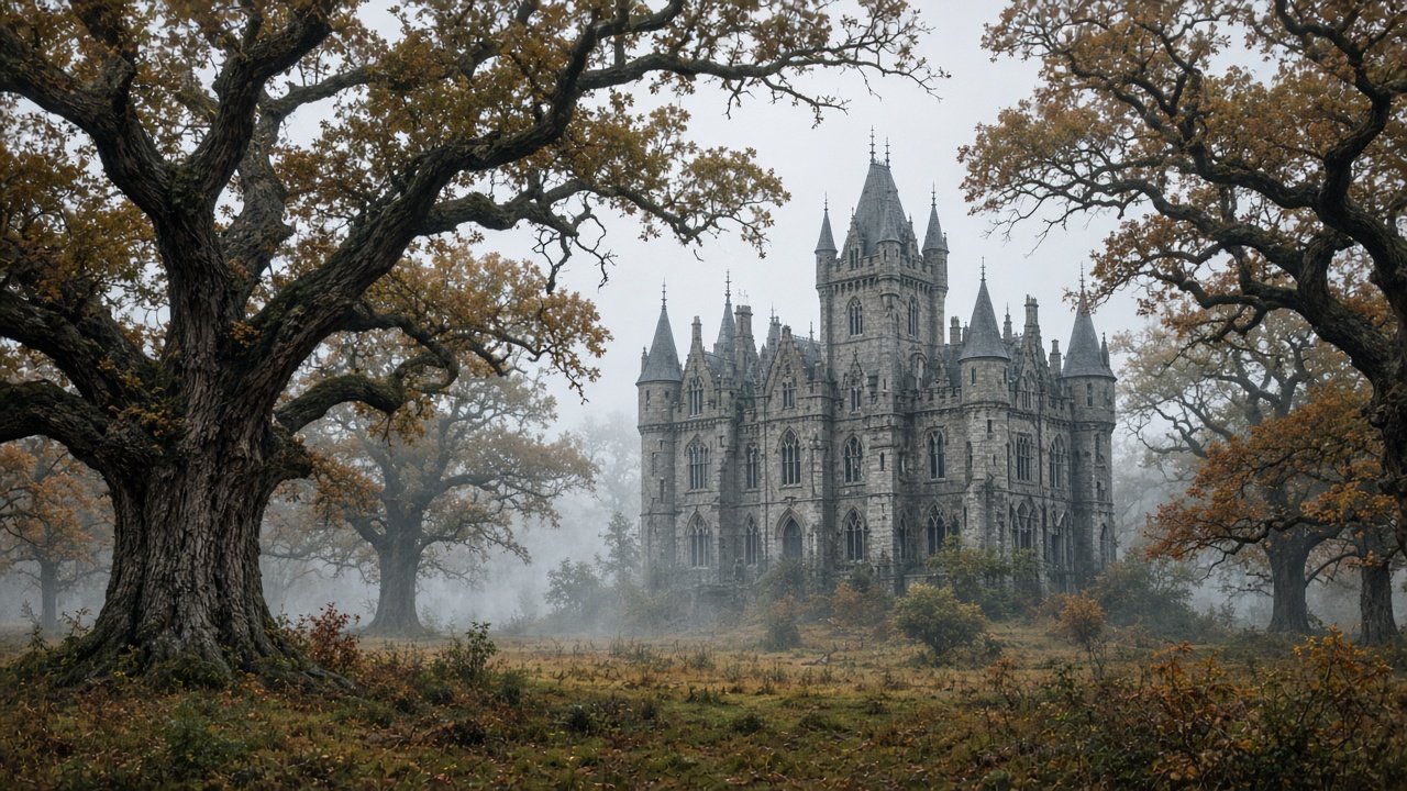 A grey Gothic Revival castle with pointed windows among ancient oak trees