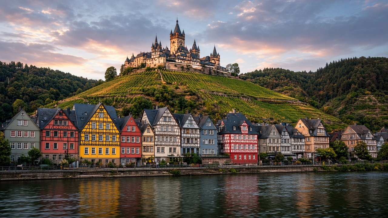 Half-timbered houses on a riverbank below a hilltop castle