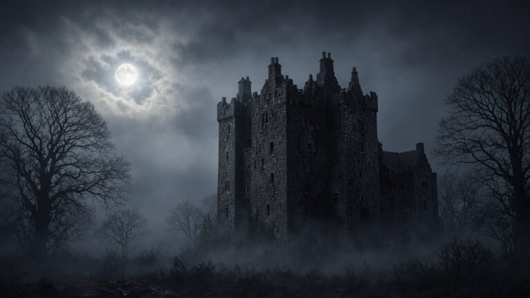 A dark Irish tower house castle in thick mist under a full moon