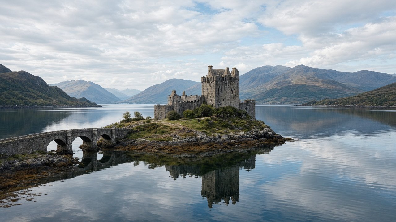 A stone castle on a tiny tidal island joined to the shore by an arched stone bridge in the Scottish Highlands