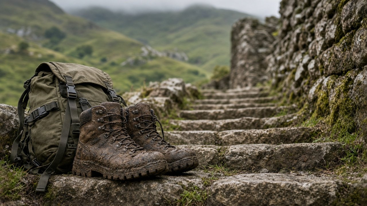 Walking boots on worn stone castle steps with green hills beyond