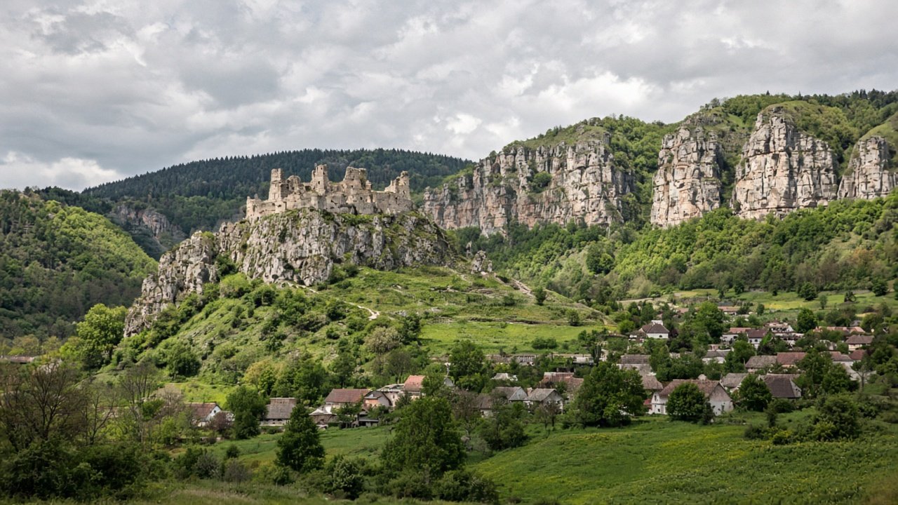 A small ruined fortress on a rocky hill above a quiet village and limestone cliffs