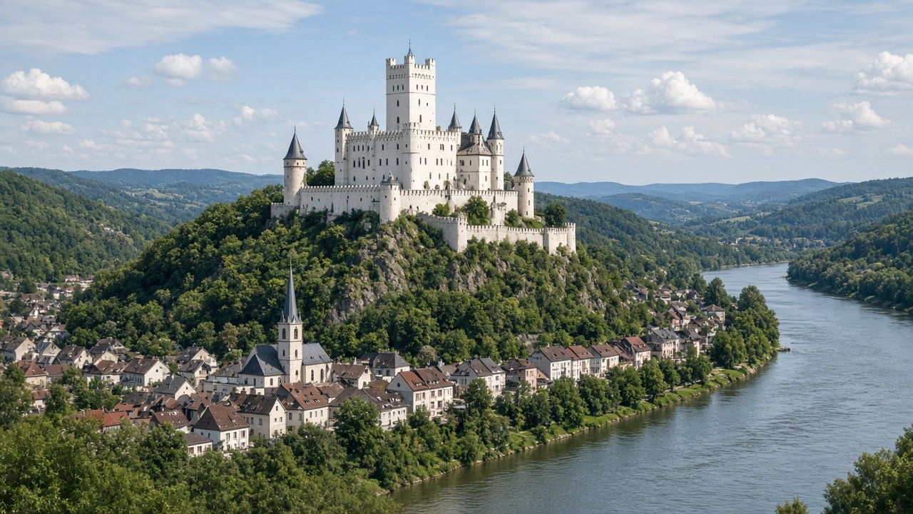An intact medieval hilltop castle with a central tower above a river town