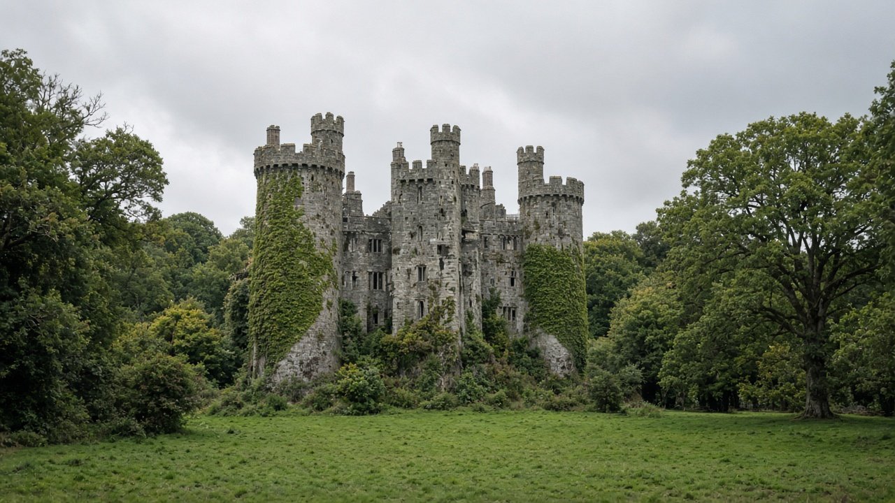 A turreted stone castle with ivy-covered towers in green parkland