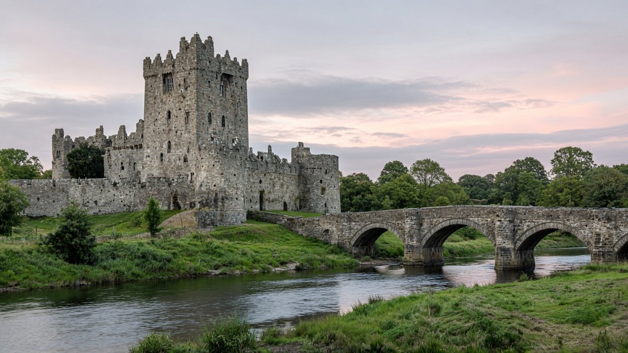 A large stone Anglo-Norman castle beside a calm river with an old stone bridge at dusk in rural Ireland