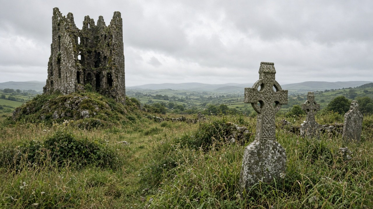 A ruined castle tower beside an old graveyard with Celtic crosses in green countryside