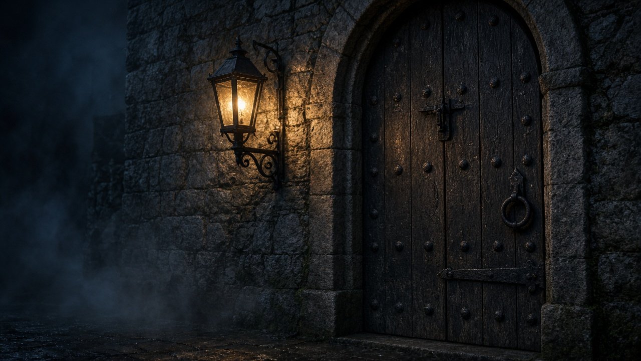 An old iron lantern glowing beside a heavy wooden castle door at night