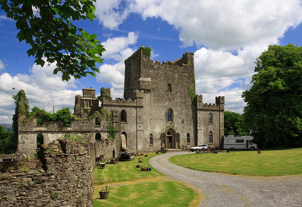 The tall stone tower of Leap Castle in County Offaly